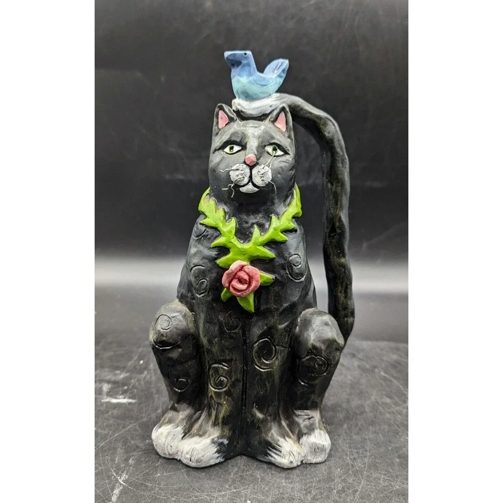 Contemporary Resin Black Cat Figurine Bluebird Nest Flower 9